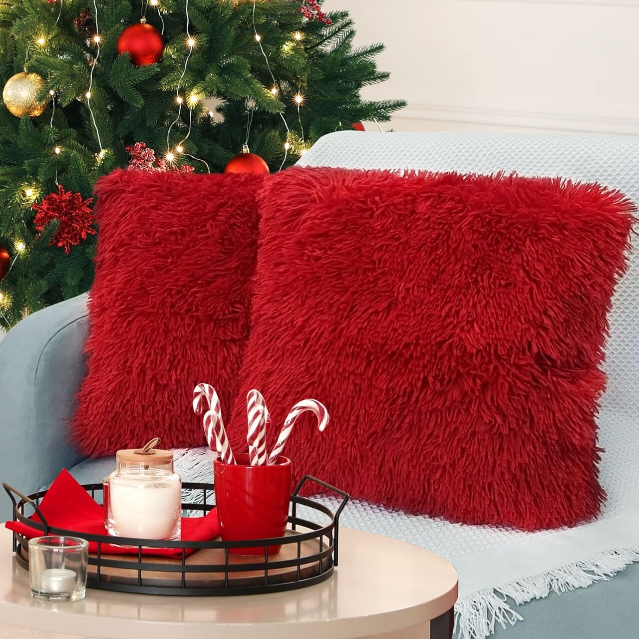 Set of 2 Red Christmas Throw Pillow Covers 16x16 Inch, Luxury Soft Faux Fur Decorative Cushion Covers for Couch, Bed & Bedroom